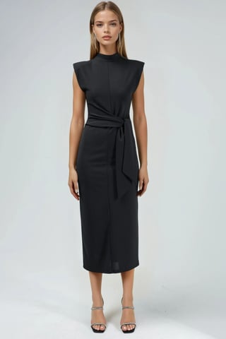Tie Detailed Stand Collar Midi Dress