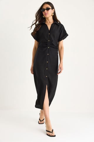 V-neck Midi Dress with Button Closure