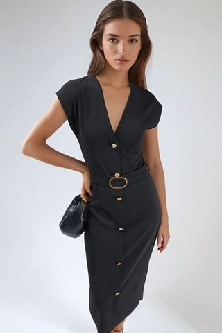 Belted Midi Dress with V-Neck