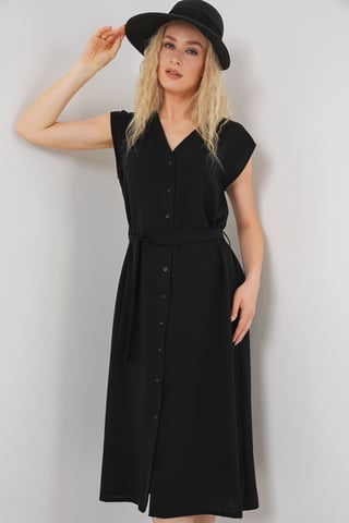 Textured V-Neck Midi Dress with Button Closure