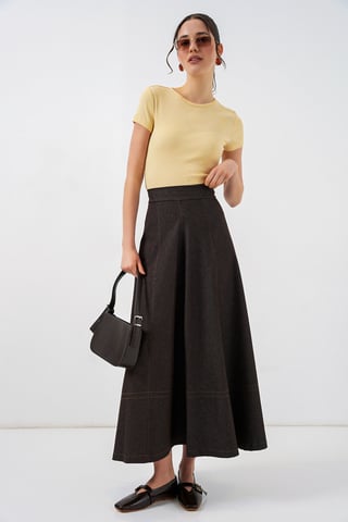 High Waist Denim A-Line Maxi Skirt with Pockets