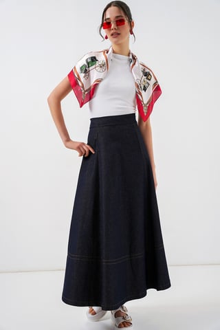 High Waist Denim A-Line Maxi Skirt with Pockets