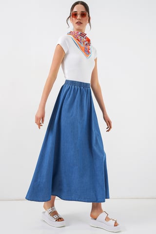 High Waist A-Line Denim Maxi Skirt