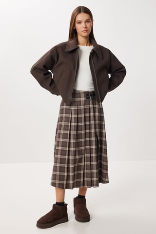 Belt Detailed High Waist Long Plaid Skirt