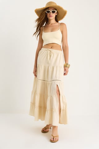 High Waist Textured Long Skirt with Slit