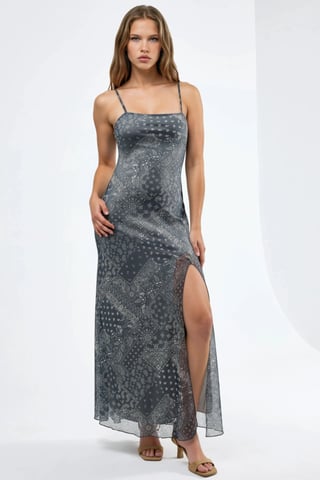 Square Collar Printed Midi Dress
