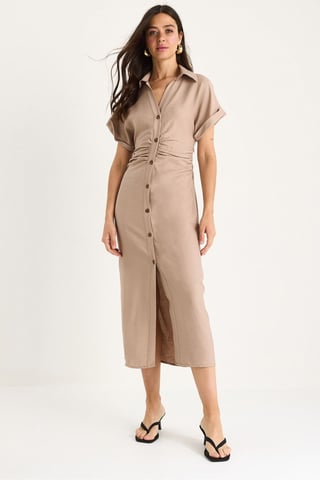 V-neck Midi Dress with Button Closure