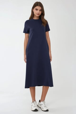 Crew Neck Short Sleeve Basic Midi Dress