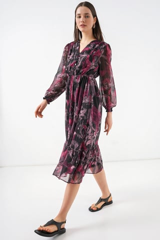 V-Neck Midi Dress with Button Closure