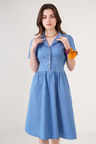 Denim Midi Dress with Shirt Collar and Button Closure