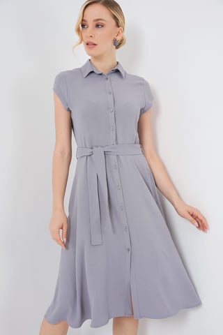 Buttoned Shirt Collar A-Form Midi Dress with Binding Detail
