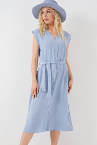 Textured V-Neck Midi Dress with Button Closure