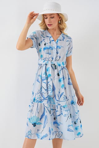 Flowering V-neck Midi Dress with Bow