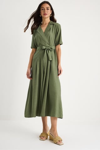 Midi Dress with Shawl Collar and Belt