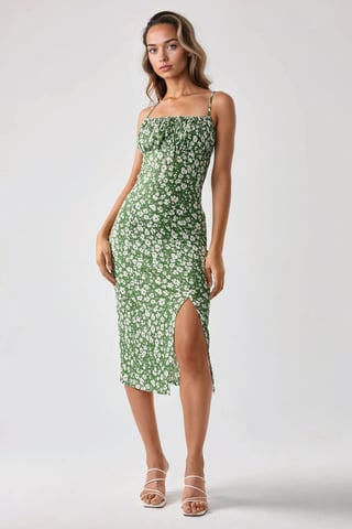 Allover Flower Print Bodycon Midi Dress with Slit