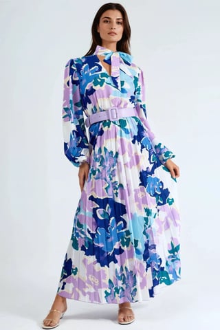 Abstract Print Midi Dress with Choker Collar