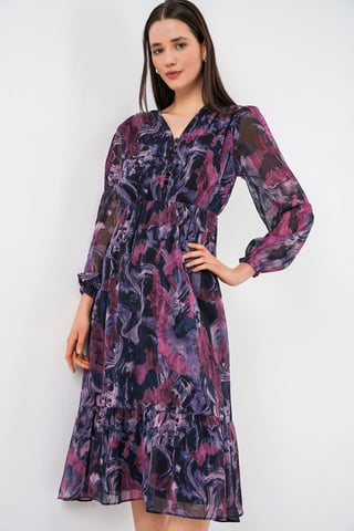 V-Neck Midi Dress with Button Closure