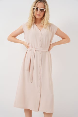 Textured V-Neck Midi Dress with Button Closure