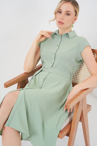 Buttoned Shirt Collar A-Form Midi Dress with Binding Detail