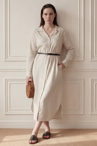 Linen Blend Midi Dress with Button Closure and Pocket