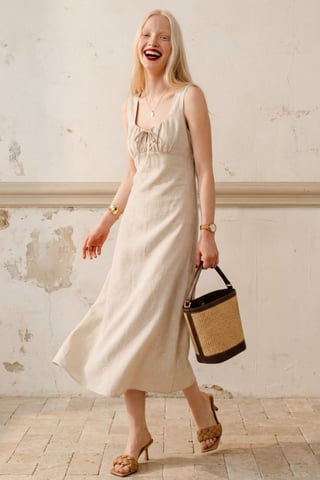 Midi Linen Dress with Tie Detail