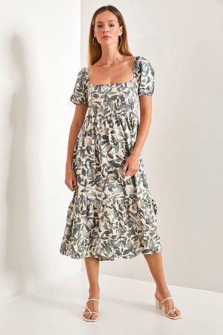 Floral Midi Dress with Square Collar