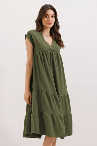 Frilly V-Neck Midi Dress