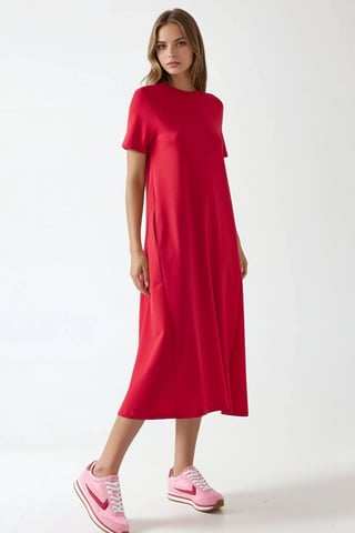 Crew Neck Short Sleeve Basic Midi Dress