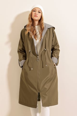 Hooded randig lång trenchcoat med dragsko i midjan