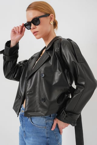 Faux Leather Oversized Bomber Jacket with Patch Details