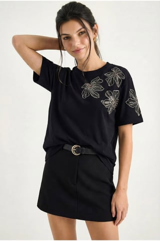 Floral Embroidered Crew Neck T-Shirt