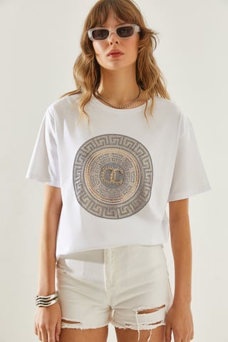 Embroidered Printed Crew Neck T-Shirt