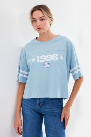 Oversized Crew Neck Crop T-Shirt with Motto Print