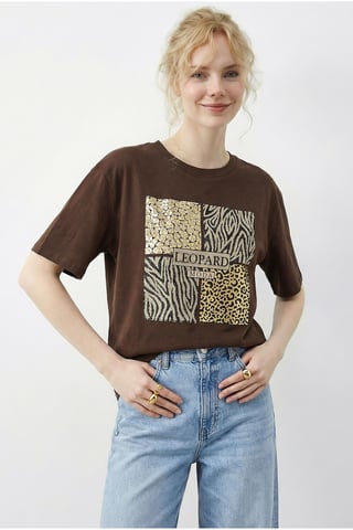 Leopard Print Sequin Crew Neck T-Shirt