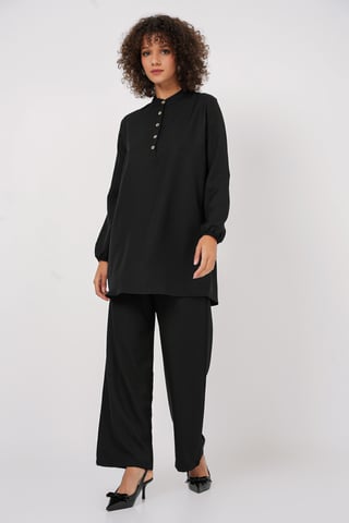 Textured Linen Blend Long Sleeve Tunic and Wide Leg Pants Set