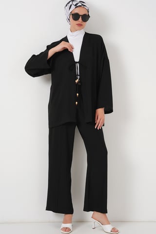 Textured V-Neck Long Cardigan and Pants Set