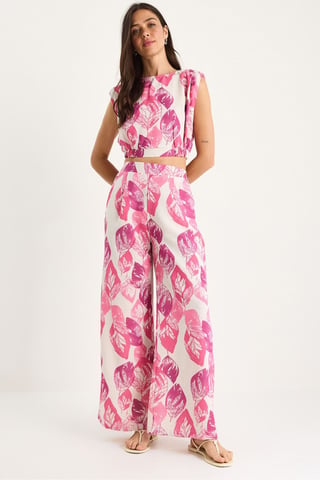 Floral Print Crop Top and Wide Leg Pants Set