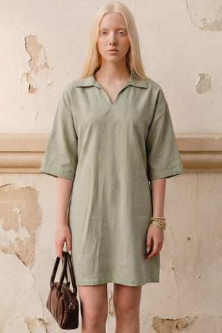 Polo Collar Mini Dress with Three Quarter Sleeves