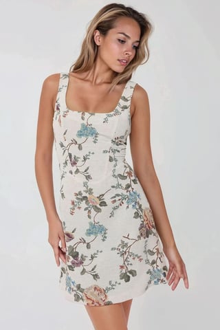 Square Neck Flower Pattern Linen Feel Mini Dress