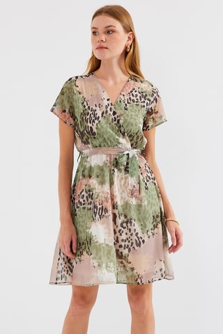 V-neck Flowering Mini Dress with Tie Closure