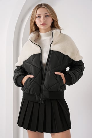 Short Textured Puff Jacket with Zipper Closure