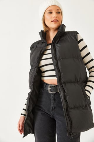 Long Hooded Faux Leather Vest with Zipper and Pocket
