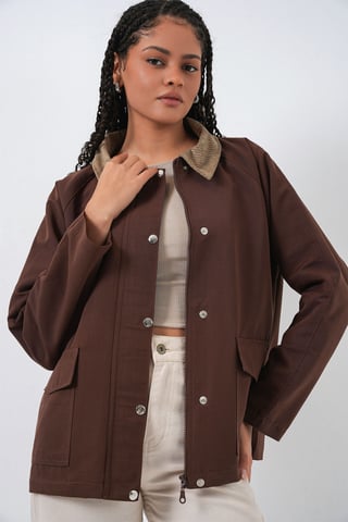 Gabardine Jacket with Button Closure and Pockets