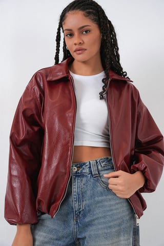 Oversized Faux Leather Zipper Jacket