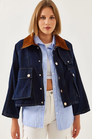 Denim Button-Up Jacket with Velvet Collar