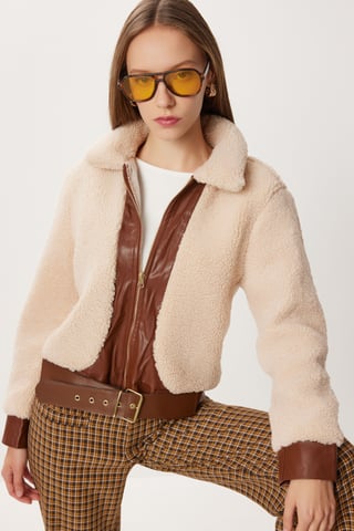 Faux Leather Detailed Plush Jacket