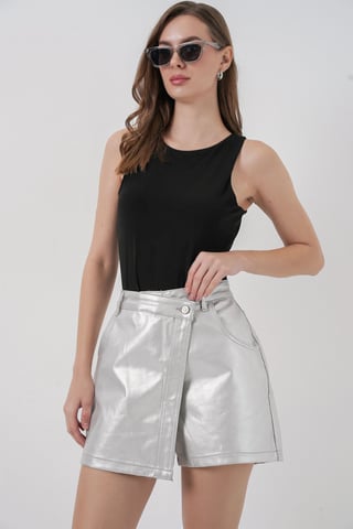 High Waist Metallic Fabric Mini Skorts with Button Closure
