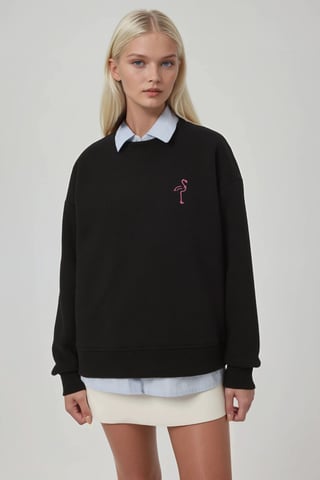 Comfort Animal Pattern Embroidered Raised Crew Neck Sweatshirt