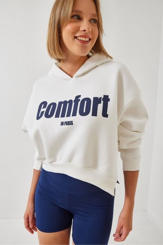 Hooded Oversized Crop Sweatshirt with Pompom