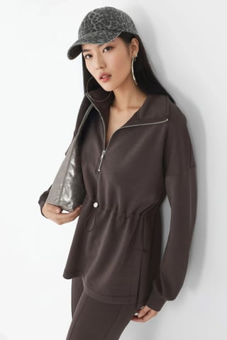 Zipper Collar Sweatshirt with Adjustable Waist